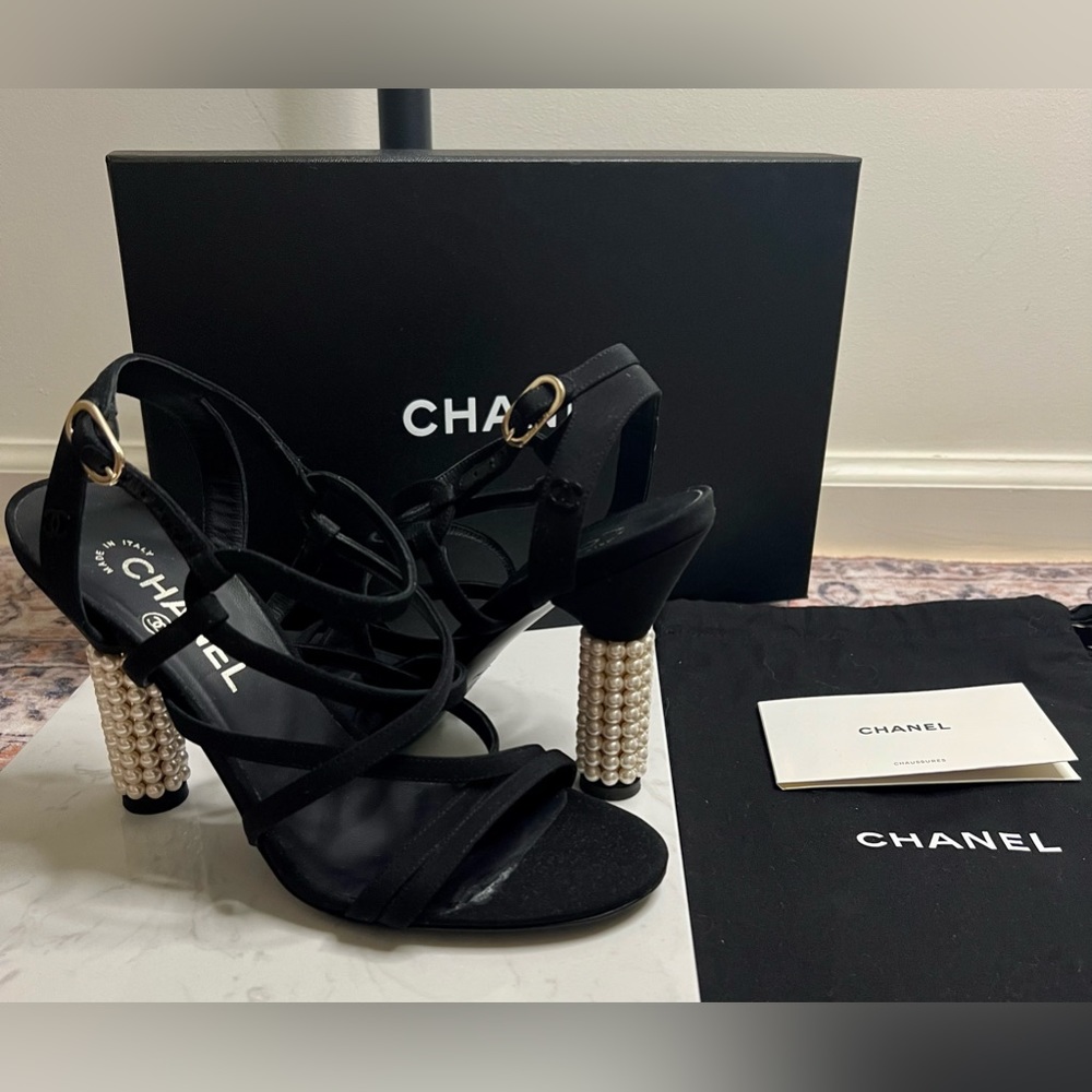 CHANEL Rare White Pearl Heel Sandals Black With Box And Dust Bags Size 39 9